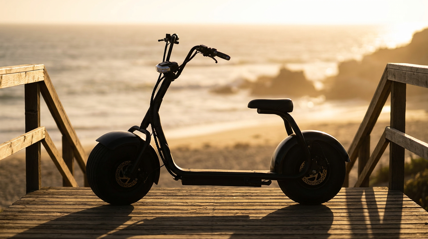 Fat-tire electric scooter silhouetted at golden hour
