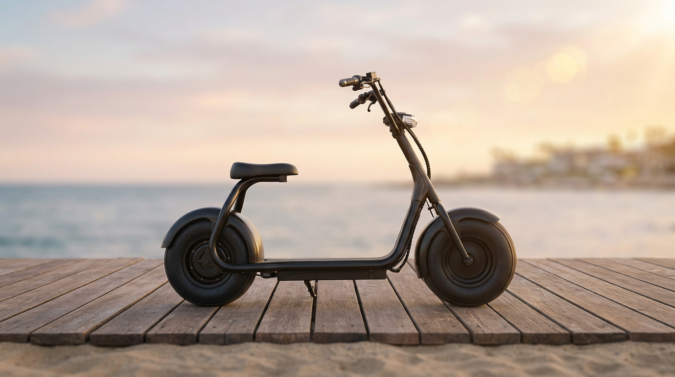 Matte-black fat-tire electric scooter on a boardwalk at golden hour